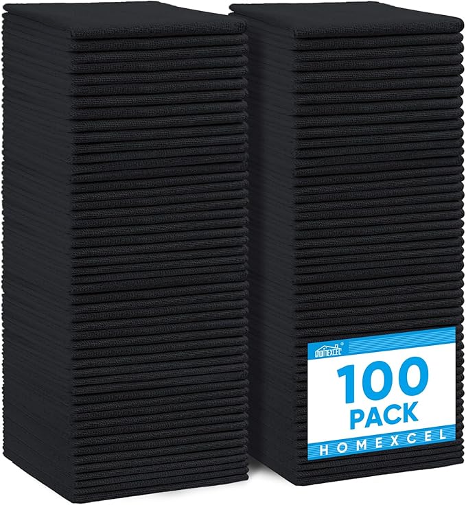 HOMEXCEL Black Microfiber Cleaning Cloth 100 Pack, Microfiber Towel for Cars, Lint Free, Scratch-Free, Highly Absorbent, and Cleaning Rags for House, Window and Glass, Cars, TV Screen 11.5 X11.5 inch