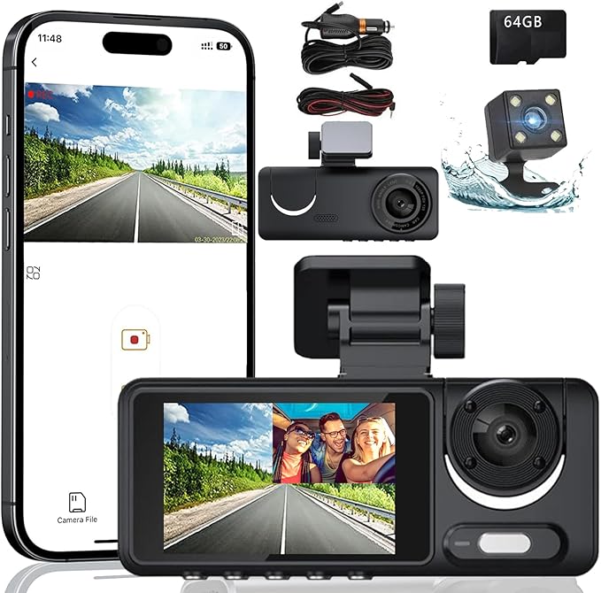 Dash Cam，3 Channel Dash cam, Full HD Dash Camera for Cars, Free 64GB SD Card, 2”IPS Screen, Night Vision, WDR, Parking Monitor, Loop Recording, Accident Lock, Motion Detection