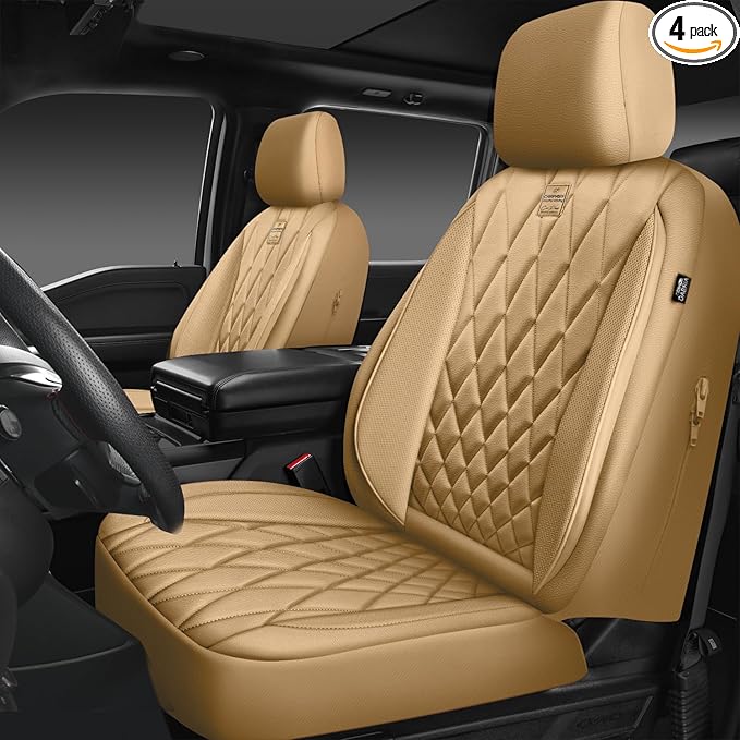 CAR PASS Piping Luxury PU Leather Two Front Car Seat Covers, Waterproof Anti Slip Seat Covers Compatible with Front Seat Armrests,Universal Fit for Suvs,Vans,Trucks,Airbag Compatible(All Beige)