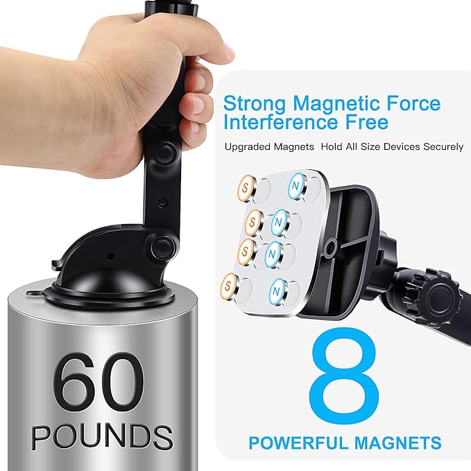 Magnetic Phone Car Mount, Universal Dashboard Windshield Car Phone Mount Holder with Upgraded 3.2" Suction Cup,8 Strong Magnets Compatible with iPhone 11 Pro X XS Max XR Galaxy Note10 S10 (B)