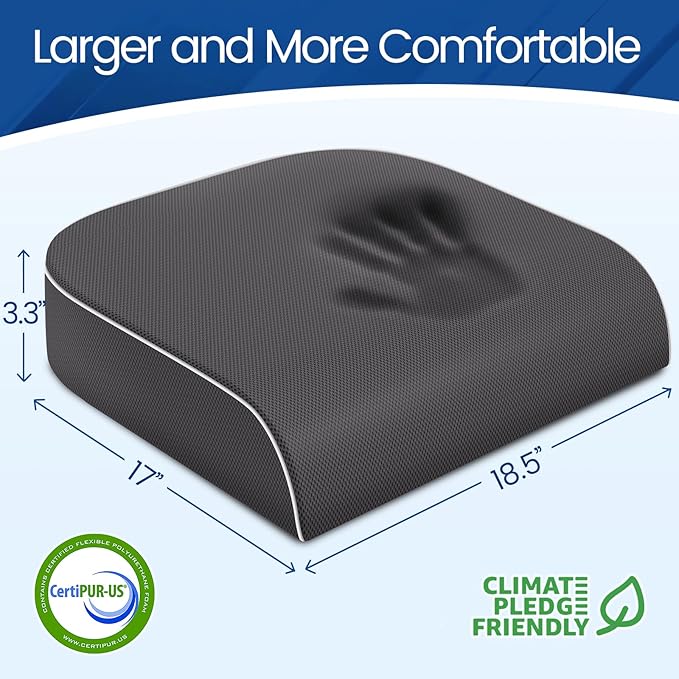 Seat Cushion for Tailbone Pain Relief, Office Chair Cushion, Memory Foam Large Chair Cushion with Non-Slip Cover for Soft Support at Office Chair, Car Seat, Airplane Grey/XLarge