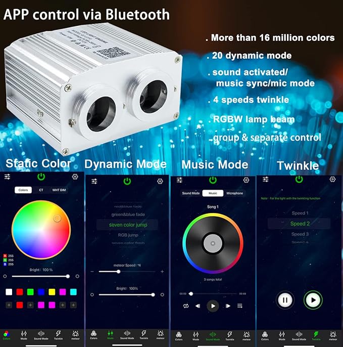 AZIMOM Dual Port 16W Twinkle Fiber Optic Starlight Box Sound Activated RGBW Fiber Optic Light Source APP/Remote Control Dual Head Light Engine Driver for Car Home Ceiling Star Lighting Decor