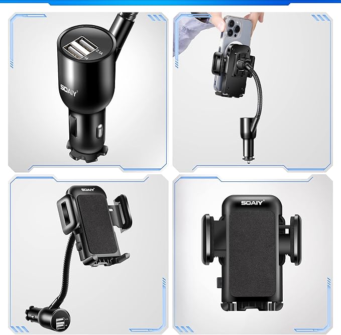 SOAIY 3-in-1 Cigarette Lighter Car Mount + Voltage Detector (Not for Center Console & Window), Dual USB 3.1A Charger with Adjust Gooseneck & 360° Rotating Car Mount Cradle for 1.7-3.7inch Width Phones