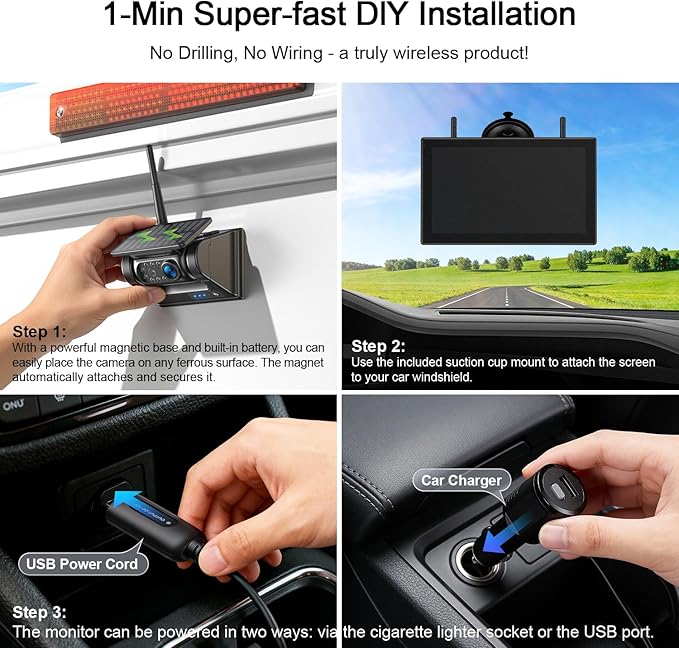 Fookoo 10.1“ Solar Magnetic Wireless Backup Camera HD 1080P DVR Touchscreen Monitor Portable 1 Min DIY Install No Drilling Rechargeable Battery Night Vision for RV Camper Trailer - DTC1004