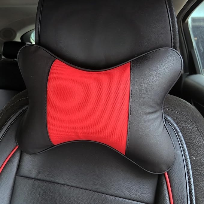 Car Neck Pillows Both Side Pu Leather 2pieces Pack Headrest Fit for Most Cars Filled Fiber Universal Car Pillow (Black&Red)
