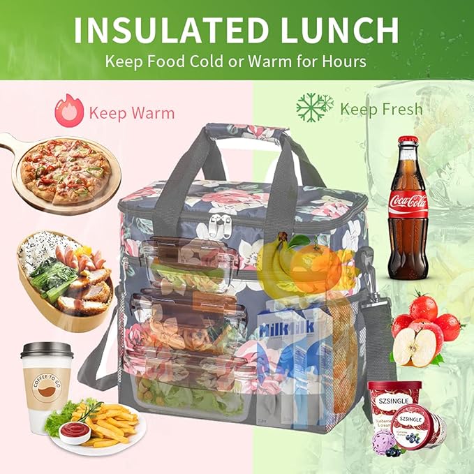 Iknoe Large Cooler Bag Collapsible 24 Can Insulated Leakproof Lunch Cooler Tote with Multi-Pockets for Adult Insulated Thermal Bag for Beach, Picnic, Office Work (Flower)
