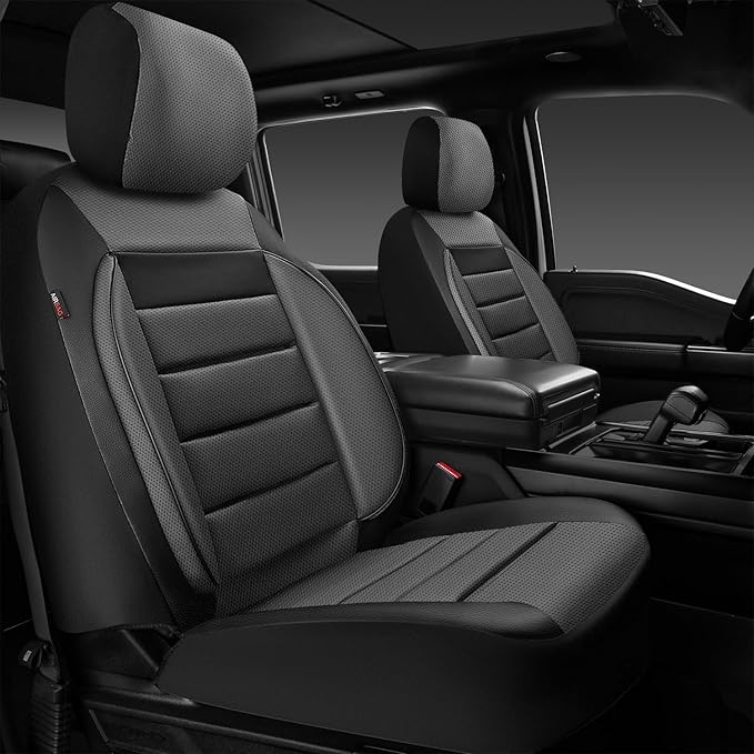 CAR PASS Leather Car Seat Covers Front Seats Only, Universal Fit Automotive Interior Waterproof 3D Foam Back Support Car Seat Covers for Trucks Vans and SUVs Airbag compatible 2 Pieces black gray grey