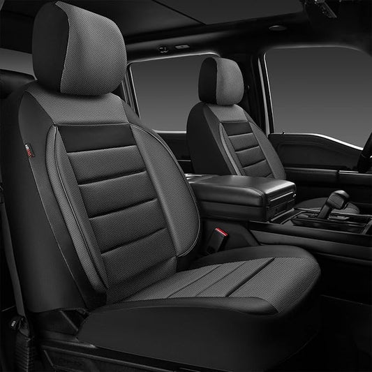 CAR PASS Leather Car Seat Covers Front Seats Only, Universal Fit Automotive Interior Waterproof 3D Foam Back Support Car Seat Covers for Trucks Vans and SUVs Airbag compatible 2 Pieces black gray grey