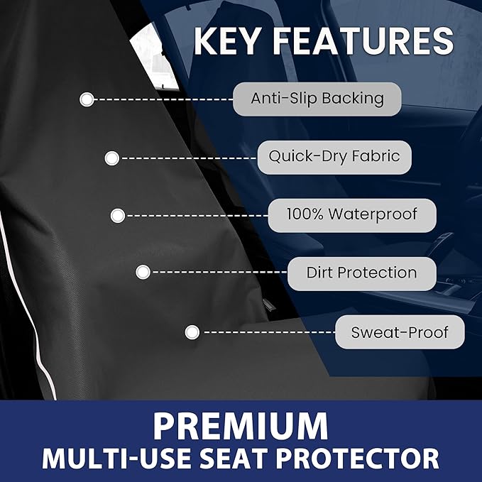 Dri Seats Waterproof Car Seat Cover – Premium Sweat Towel with Slip Resistant Backing for Front Seats in Cars, Trucks, SUVs – Universal Seat Covers & Liner, Easy Install (Black, Large)