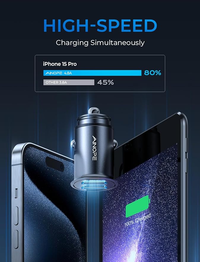 AINOPE Car Charger Adapter【Smallest Metal】 4.8A Cigarette Lighter USB Car Charger Adapter Dual Port 12V USB Outlet Flush Fit for iPhone 16 Pro Max/15/14 iPad Air Samsung Galaxy S25 S24 Ultra,Black