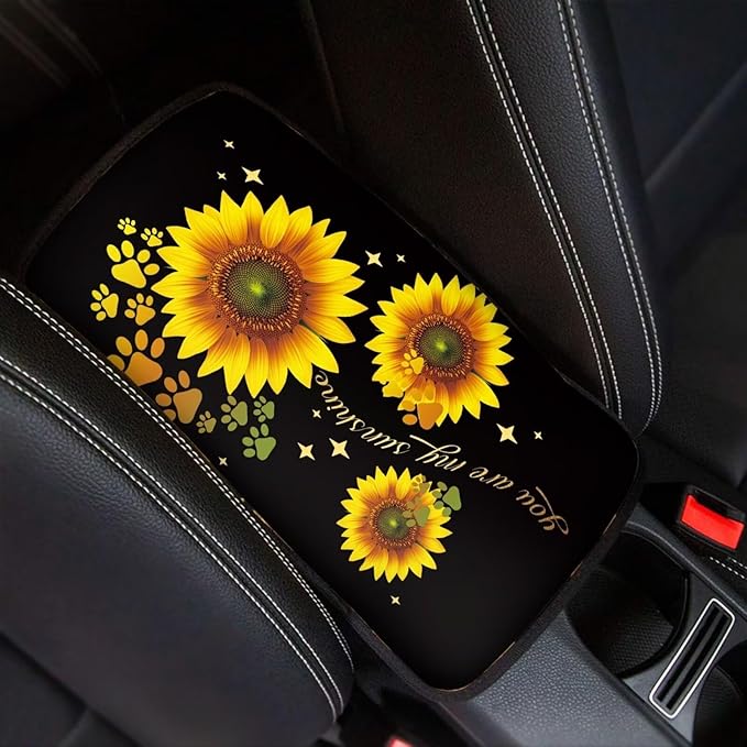 UNICEU Yellow Sunflower Dog Paw Car Armrest Pads Interior Accessories Sunflower Car Accessory Universal Fit Automotive Center Console Armrest Cushion Seat Storage Box Pads for Most Vehicle