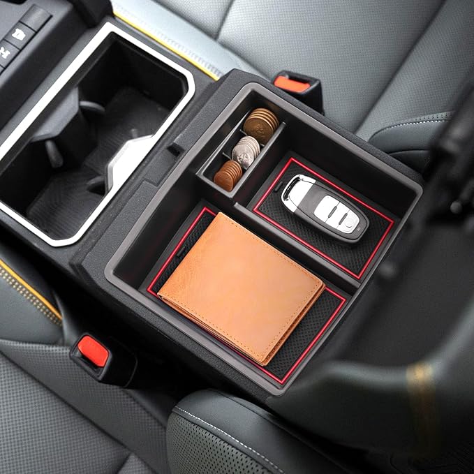 2024 2025 2026 Tacoma Center Console Organizer for Toyota Tacoma (All Trims), Durable ABS Plastic&Anti-Slip Rubber Console Tray Glove Insert 2025 2026 Tacoma Accessories (with Red Mats)