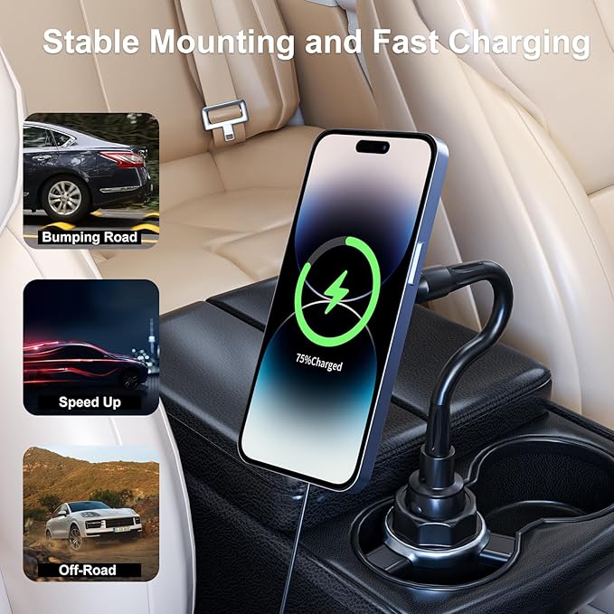 for Qi2 15W Magsafe Car Cup Holder Charger [Heat Restriction], Magnetic Cup Holder Phone Mount Wireless Charger, Fast Charging for iPhone 17 to12 Series[with 30W PD3.0&QC4.0 Car Adapter]