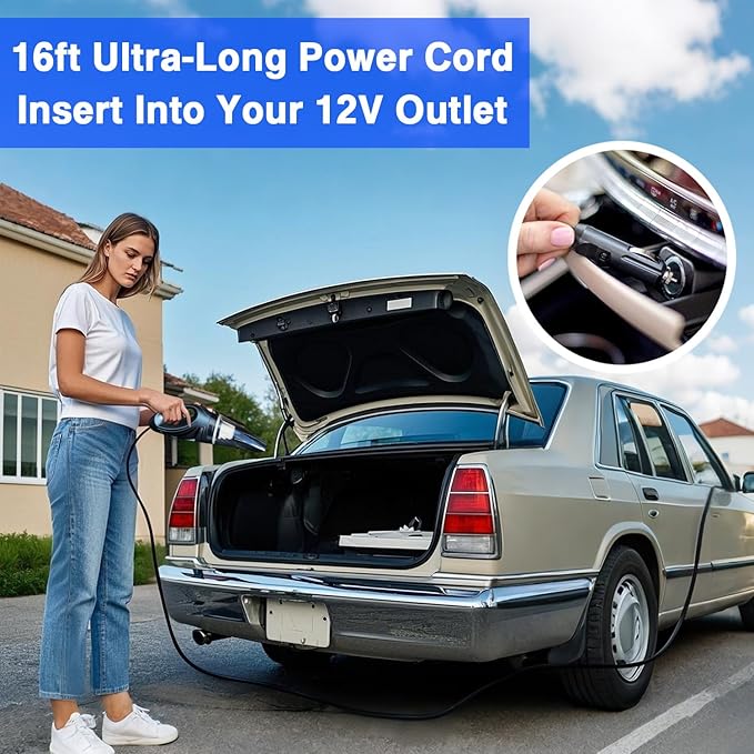 Car Vacuum, Portable Handheld Vacuum Cleaner with 16ft Cord, HEPA Filter, & Attachments – Compact Vacuum for Car, RV, Boats & Travel – Strong Suction for Quick Clean-ups