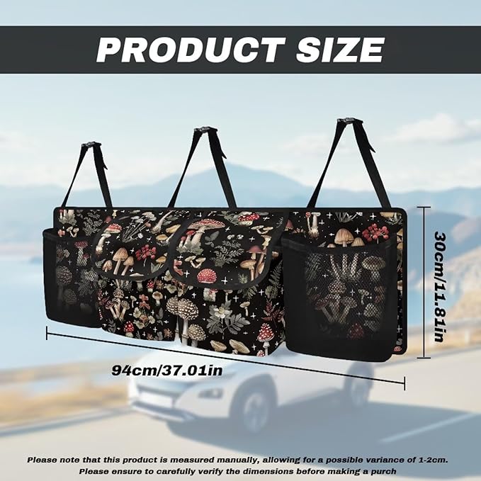 Mushroom Print Car Trunk Organizer, Backseat Hanging Large Storage with Adjustable Straps & 4 Pockets, Waterproof Foldable Cargo Bag, Car Interior Accessories