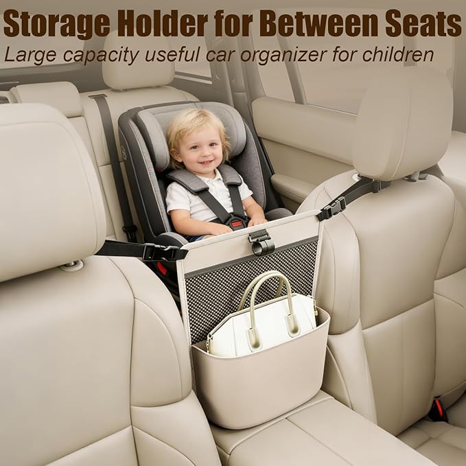GMQ Car Pocket Handbag Holder,Pu Leather Seat Back Organizers Bag,Purse Holder for Between Seats Multifunctional Car Seat Storage (Beige)
