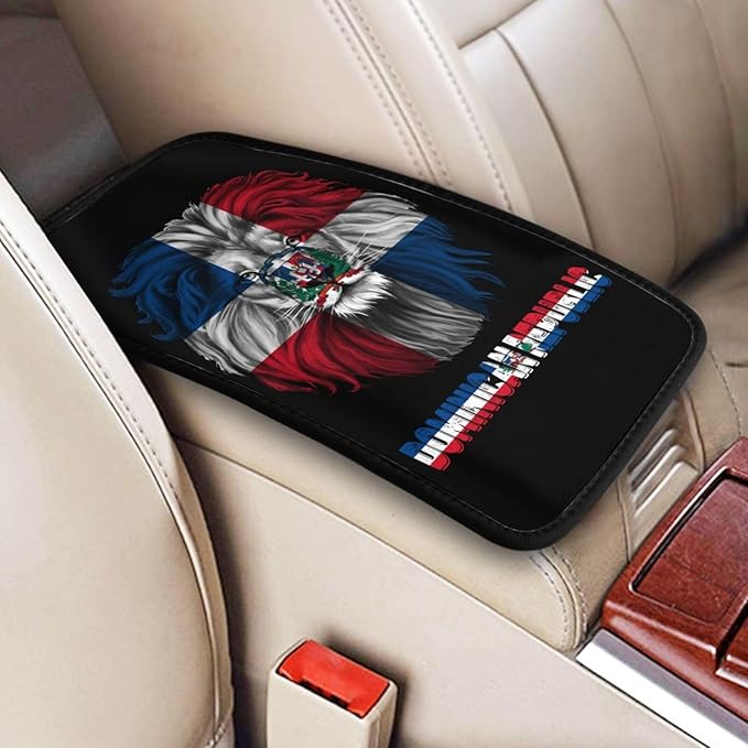 Vintage Dominican Republic Flag Lion Head Auto Center Console Armrest Cover Car Handrail Box Cushion Pad Mat Universal Fit Most Vehicle Sedan Truck SUV Soft Comfort Decor Accessories
