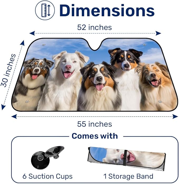 GENANY Australian Shepherd Dog Windshield Sun Shade for Car SUV Truck (55x30 Inches), Sun Shade Windshield for Windows, Protector Blocks UV, Spring Car Decor