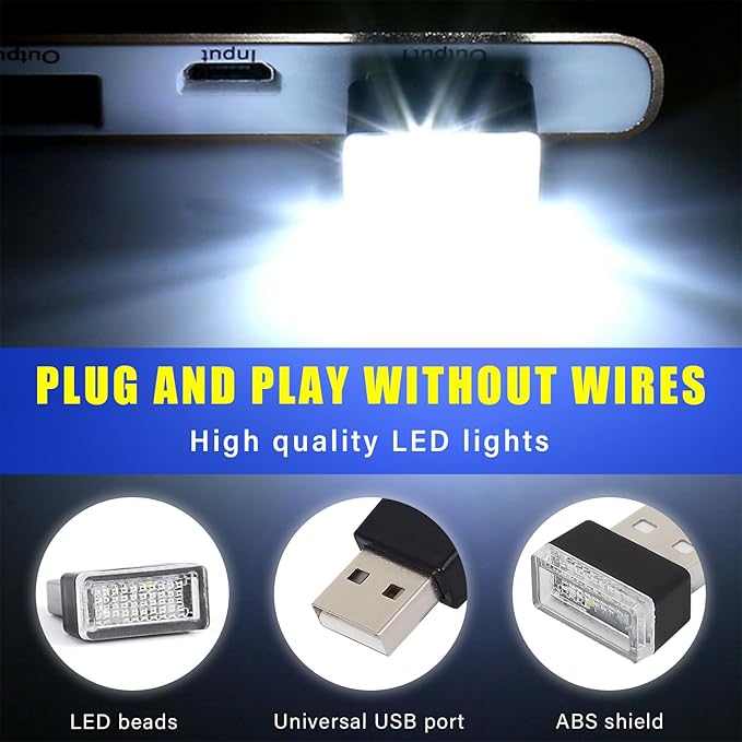 Augeny 4 PCS USB LED Car Interior Atmosphere Lamp, Plug-in USB Decor Night Light, Portable Auto Ambient Lighting Kit, Universal Vehicle Interior Accessories for Most Cars (White)