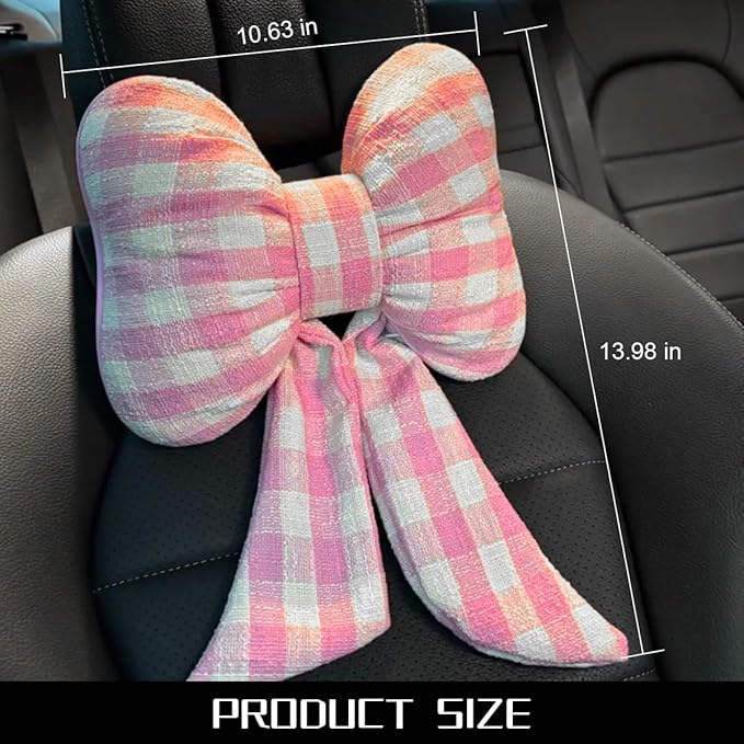 Bow Car Headrest Pillow, Breathable Memory Foam Vehicle Neck Pillow with Adjustable Strap, Ergonomic Auto Neck Support Cushion for Pain Pressure Relief, Universal for Most Cars (Pink/Grid)
