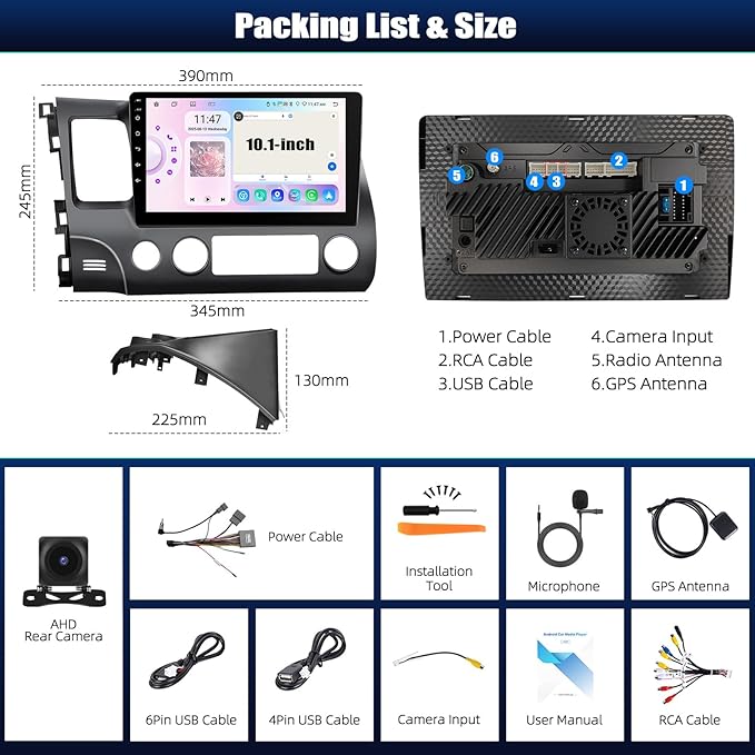 6+128G 8 Core Android 15 Car Radio Stereo for Honda Civic 2006 2007 2008 2009 2010 2011 with Wireless CarPlay Android Auto, 10.1'' Touchscreen with WiFi GPS Mirror Link Bluetooth FM RDS DSP EQ SWC