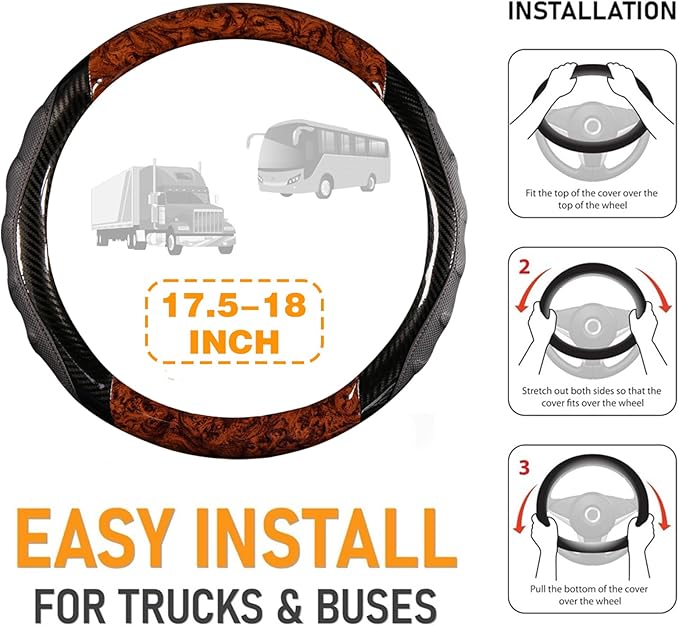 Heavy Duty Truck Steering Wheel Cover 17.5-18 Inch, Carbon Fiber with Anti-Slip Grip, X-Large Wheel Protector for Commercial Semi-Trucks, Buses and RVs (Brown/Black)