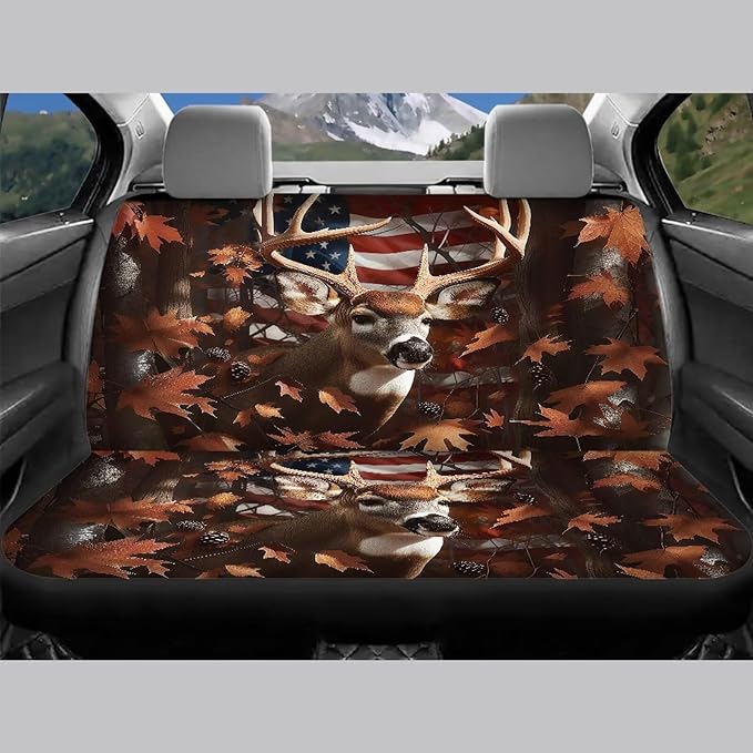 KEIAHUAN American Flag Deer Car Seat Covers for SUV/Sedan/Truck/Van Universal Fit Front and Rear Split Bench Seat Cover Set Soft and Stretchy Auto Interior Accessories Decoration