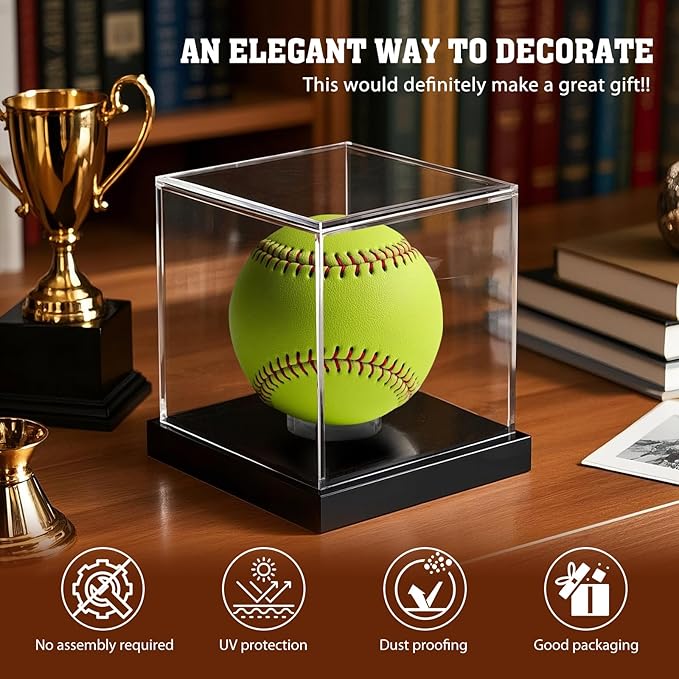 Softball Display Case, Clear Acrylic Cube Softball Case, UV Protected Ball Holder Showcase, Softball Stand Box for Signed Balls Memorabilia