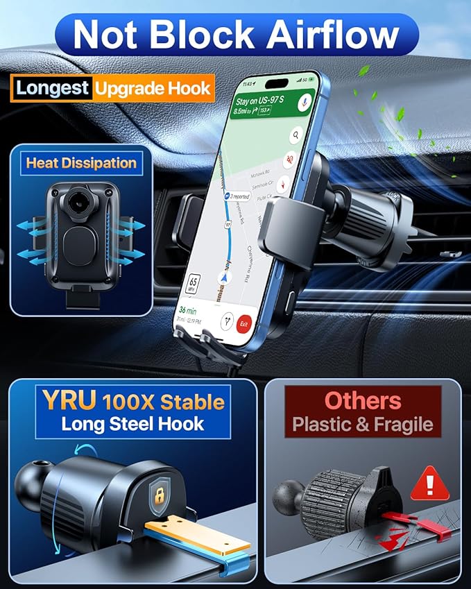 YRU [True Military-Grade] Wireless Car Charger Mount, 15W Charging Auto Clamping Car Phone Holder [98+LBS Strong] Dashboard Windshield Vent Cellphone Holder for iPhone 17 16 15 Pro Max Samsung, Black