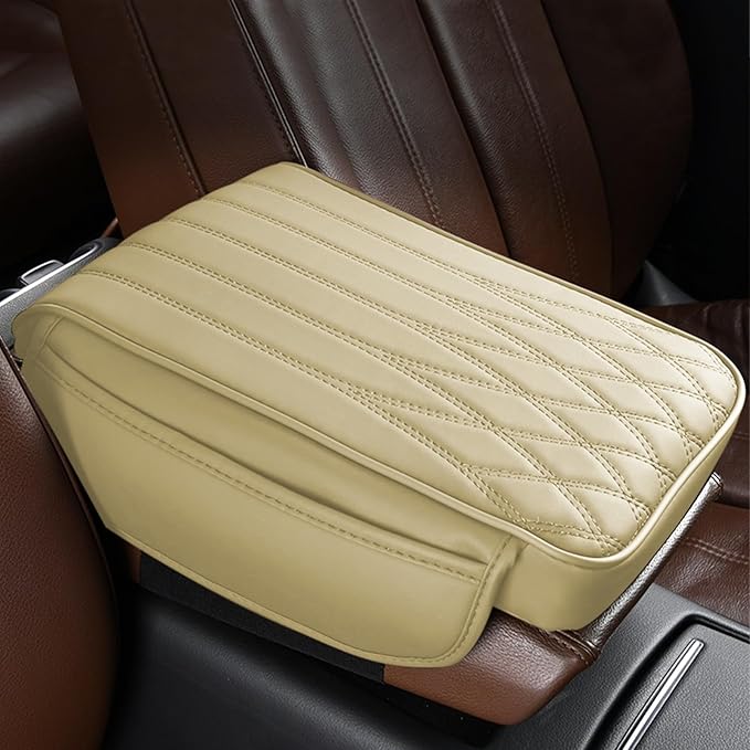 wuyaoyao Car Center Console Cover, Leather Car Armrest Box Cover, 12.40"×8.46"×1.97" Arm Rest Pad with Pockets, Soft Auto Armrest Storage Box Protector, Universal Interior Car Accessories (Beige)