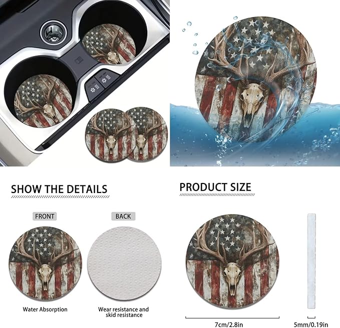 FKELYI American Flag Car Seat Cover Set, Skull Deer Gear Shift Knob, Handbrake, Steering Wheel, Cup Holder Coasters, Headrest