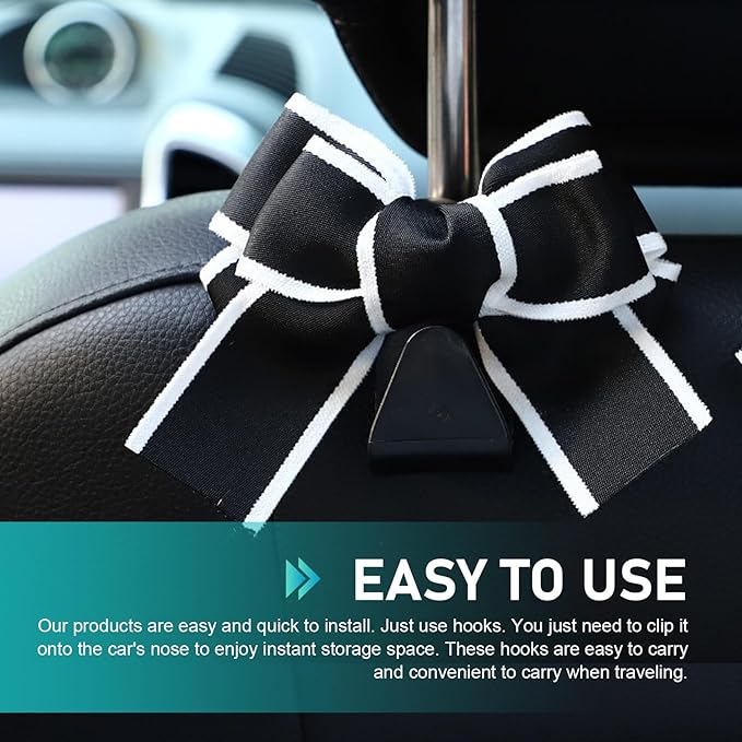 2 PCS Car Seat Headrest Hooks, Cute Bow Back Seat Storage Hangers for Handbag Purse Coat, Universal Auto Organizer Hooks (Black Line)