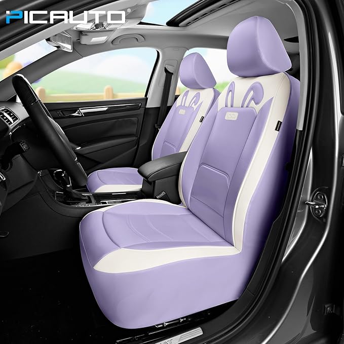 PIC AUTO Car Seat Covers, Cute Rabbit Premium Purple Leather Seat Covers, Universal Fit Front Seat Covers for Cars, Trucks, SUVs, Soft & Wear-Resistant Auto Interior Protection with Airbag-Compatible