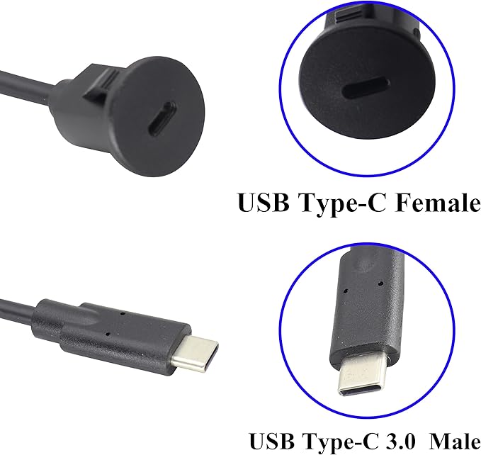 zdyCGTime USB Type C 3.0 Flush Mount Extension Cable USB C 3.0 Male to Female Flush Panel Mount Cable for Car, Boat, Motorcycle, Truck Dashboard,Sync Charging & Data Transferring.(1.5M/5FT/Type C)