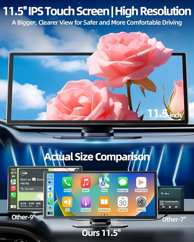 11.5" Wireless Apple CarPlay Screen for Car, Portable Car Play & Android Auto Touch Screen Car Stereo with App Control, 4K Dash Cam 1080P Backup Camera, GPS, Voice Control, Mirror Link FM All Vehicles