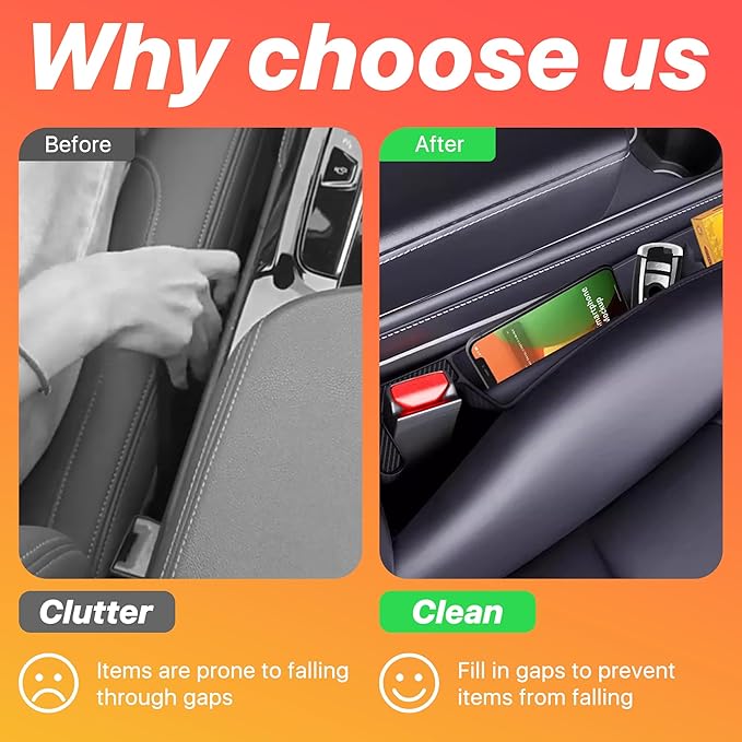 2PCS Car Seat Gap Filler, Anti-Drop Vehicle Console Crevice Blocker with 2 Storage Areas, Seat Side Seam Organizer Plug from Droping, Universal Automotive Interior Accessories (Black)