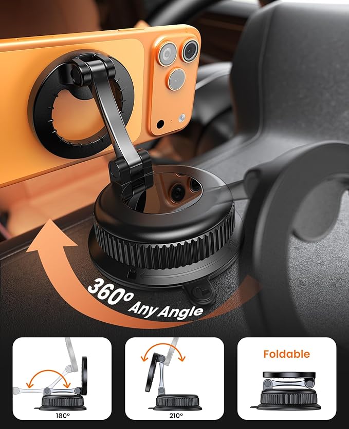 Magnetic Car Phone Holder for MagSafe, Strong Suction Cup Car Phone Mount for Dashboard & Windshield, 360° Rotatable & Foldable, Adjustable Cell Phone Holder for Car, Fits iPhone 12–17 Series