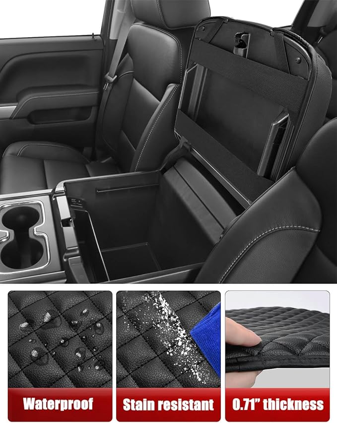 KBH Center Console Armrest Cover for Chevy Silverado, GMC Sierra 1500 2500 3500 2014-2018 & Tahoe Yukon Suburban 2015-2020, Vinyl Leather Trim, Floor Console Bucket Seat, Black