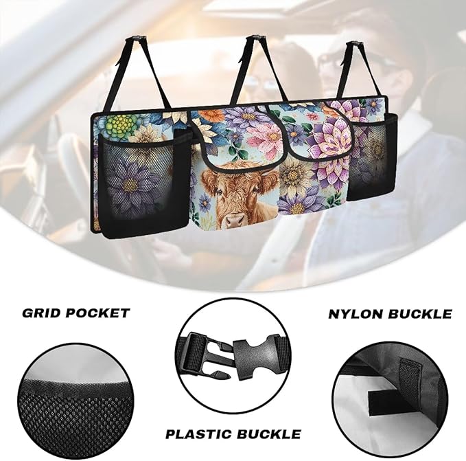 Highland Cow Car Trunk Organizer with Lid Boho Mandala Floral Blossom Large Capacity Backseat Hanging Organizer for Grocery Cargo