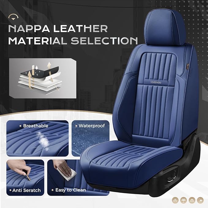 Coverado Car Seat Covers Front Seats, Seat Covers for Cars, Car Seat Protector, 2-Pack Car Seat Cushion Nappa Leather, Waterproof Seat Covers Carseat Cover Universal Fit for Most Cars Trucks(Blue)