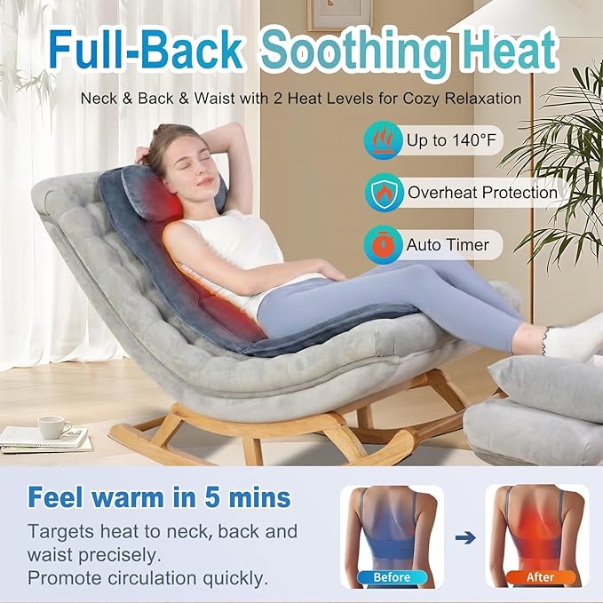 Back Massager with Heat, Full Body Massage Pad with Pillow Neck Support, Soft Plush Fabric Cover, Chair Massager with 3D Lumbar Truction and 8 Vibration Motors, Home Office Use