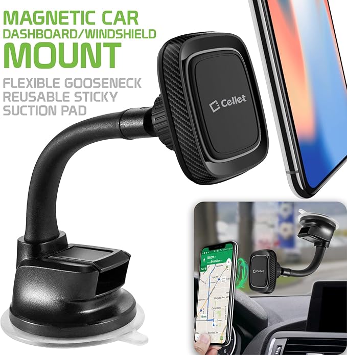 Cellet Car Phone Mount Holder Universal Phone Car Dashboard & Windshield Magnetic Phone Mount Holder with Goose-Neck Compatible with Smartphones iPhones Samsung Galaxy LG Motorola Moto Google Pixel