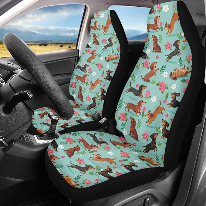 BIGCARJOB Dachshund Car Seat Cover Set for Women Cute Auto Interior Accessories Vehicle Bucket Seat Pad Auto Front Seat Protectors Fit Most Vehicle Cars Sedan