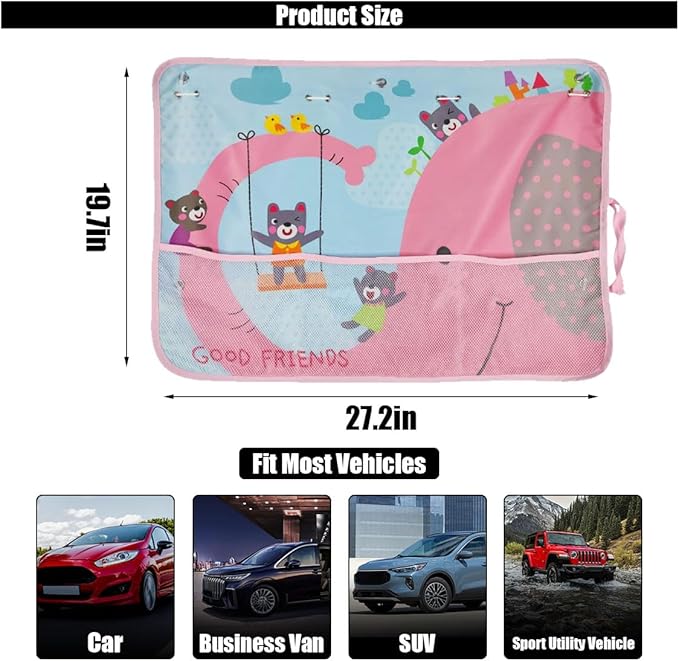 Car Window Shade for Baby, Blackout Car Window Curtain with Storage Pockets & 7 Suction Cups, Cartoon Pattern Cars Side Window Sun Shade Cover for Sun/Heat/UV Rays Protection (Pink-Elephant)