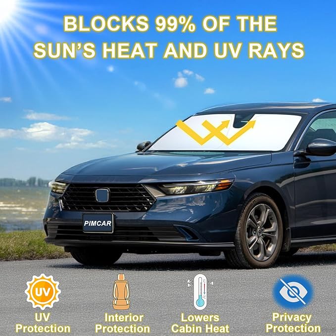 PIMCAR Windshield Sun Shade for 2023 2024 2025 2026 Honda Accord, 310T Reflective Polyester Front Window Sun Visor Blocks UV Rays Foldable Sunshade Honda Accord Accessories