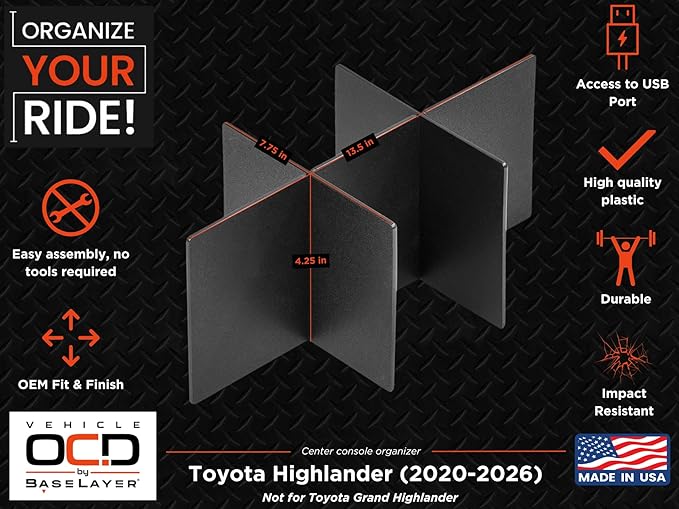 Vehicle OCD - Center Console Organizer for Toyota Highlander (2020-2026) - Made in USA - NOT for Grand Highlander - SLX175