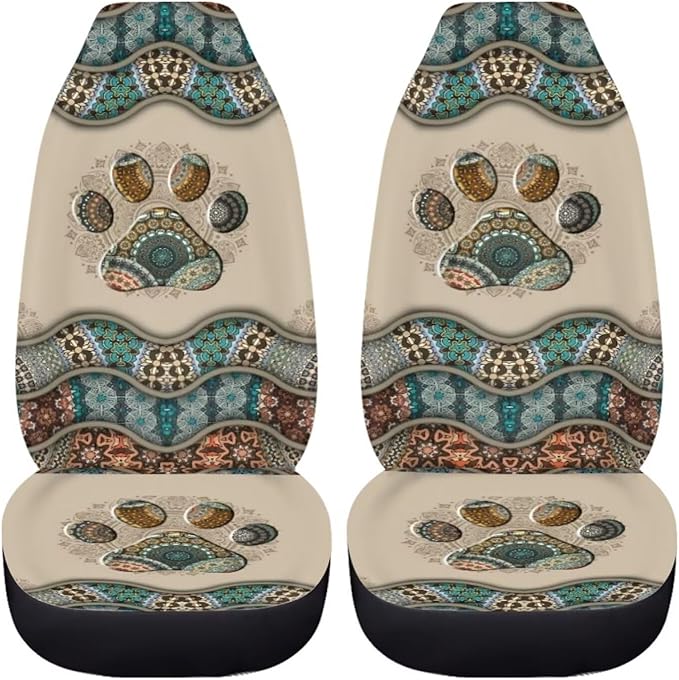 BIGCARJOB Boho Car Seat Covers Set for Front Only Boho Dog Paw Print Car Interior Accessories Cute Seat Protector for Cars Saddle Blanket,Fit Most Vehicle,Cars,Sedan