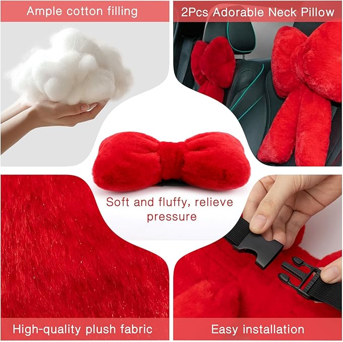 Macarrie 2 Pcs Car Neck Pillow Plush Butterfly Bow Car Headrest Pillow Comfortable Seat Neck Support Cute Head Rest Accessories for Driving Travel Driver Chair Girl Style Interior Decor (Red)