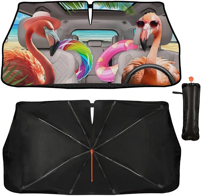 Funny Flamingo Driving Car Windshield Sunshade Umbrella Funny Flamingos Sun Shade for Car Windshield Umbrella Upgraded Sunshades Blocks UV & Heat Front Window Shades for SUV Sedan Auto