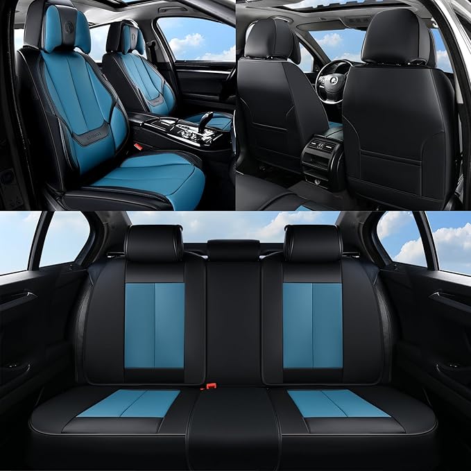 Coverado Seat Covers Full Set, 5 Seats Seat Covers for Cars, Waterproof Nappa Leather Car Seat Covers with Head Pillow, Seat Protectors Car Seat Cushion Universal Fit for Most Cars (Black&Blue)